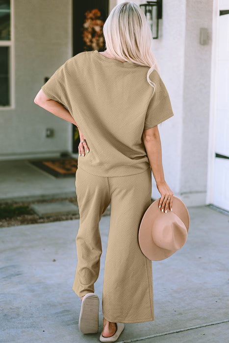 Fashion Women's Two Piece Sets Texture Short Sleeve Top and Pants Set