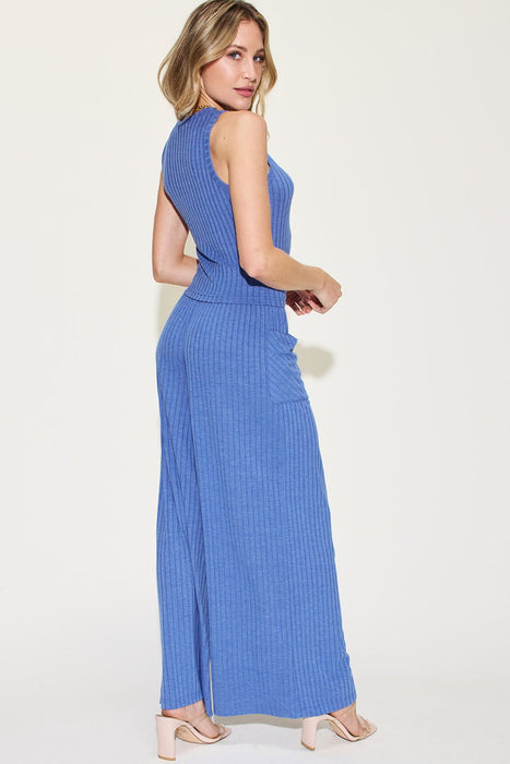 Fashion Women's Two Piece Sets Ribbed Tank and Wide Leg Pants Set