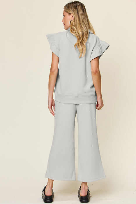 Fashion Women's Two Piece Sets Texture Ruffle Short Sleeve Top and Drawstring Wide Leg Pants Set