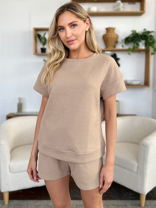 Fashion Women's Two Piece Sets Texture Short Sleeve T-Shirt and Drawstring Shorts Set