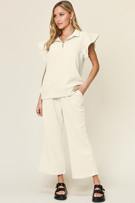 Fashion Women's Two Piece Sets Texture Ruffle Short Sleeve Top and Drawstring Wide Leg Pants Set