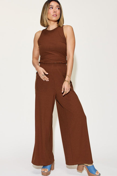 Fashion Women's Two Piece Sets Ribbed Tank and Wide Leg Pants Set