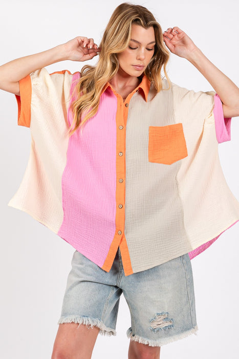 Women's Fashion Tops 2024 Color Block Button-Down Shirt
