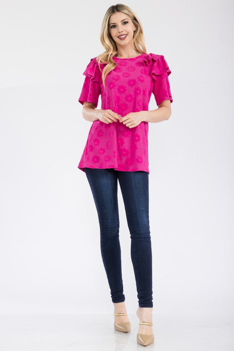 Women's Trendy Fashion Tops 2024 Ruffle Layered Short Sleeve Daisy Floral Top