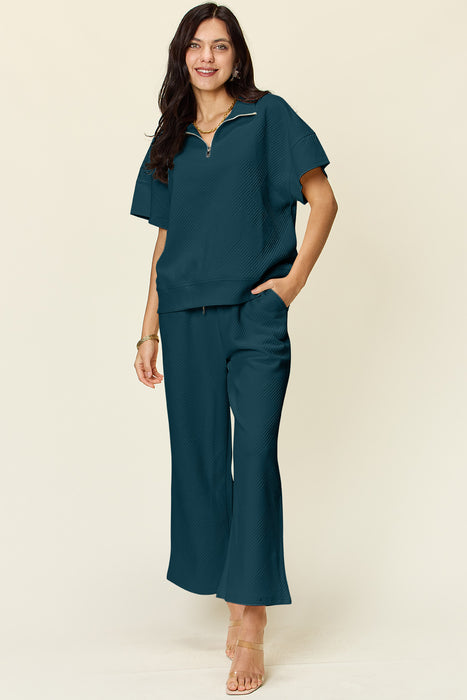Fashion Women's Two Piece Sets Texture Half Zip Short Sleeve Top and Pants Set
