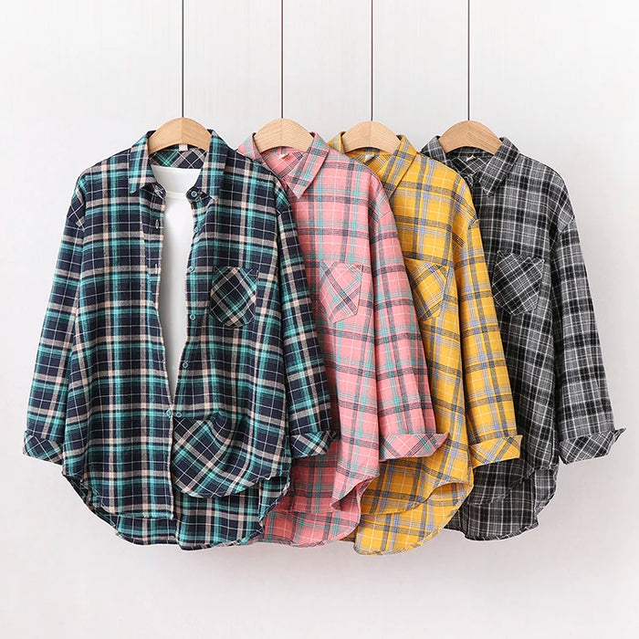 Fall New Loose Womens Plaid Shirt Brand Excellent Quality Blouses and Tops Female Long Sleeve Shirts