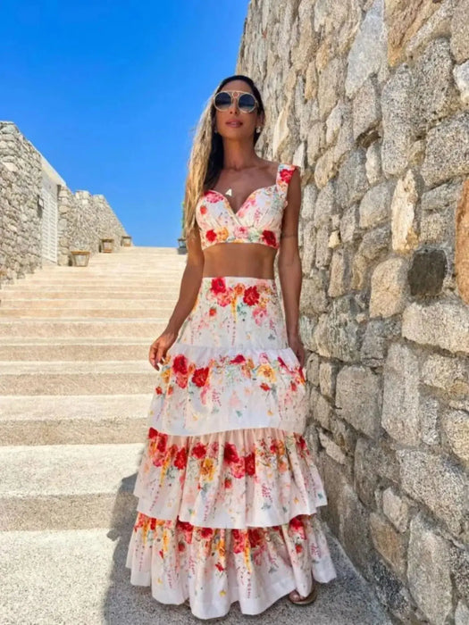 Print Beach Women Two Piece Skirt White Bra High Waist A-line Long Skirt Suit Summer Holiday Seaside Casual Set