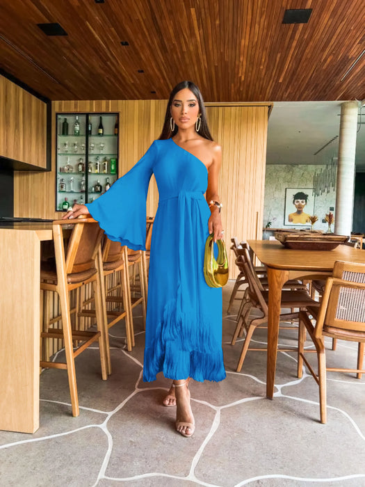Solid Women's One-Shoulder Sexy Lady Long Skirt Slit Ruffled Tassel Swing Evening Dress