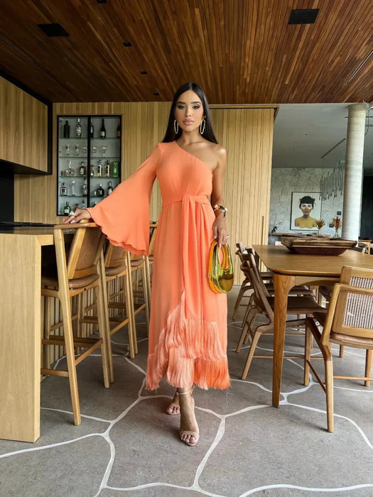Solid Women's One-Shoulder Sexy Lady Long Skirt Slit Ruffled Tassel Swing Evening Dress