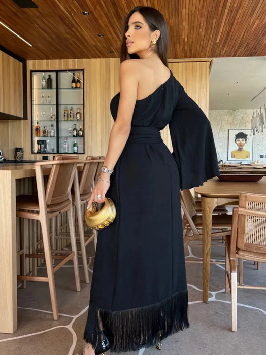 Solid Women's One-Shoulder Sexy Lady Long Skirt Slit Ruffled Tassel Swing Evening Dress