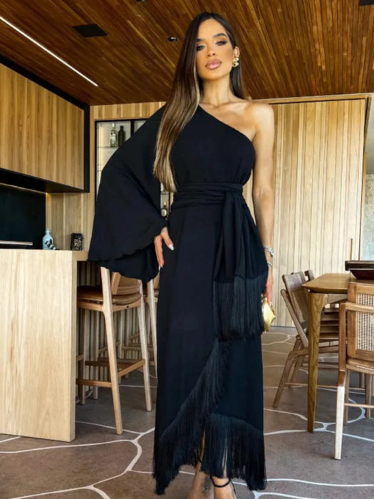 Solid Women's One-Shoulder Sexy Lady Long Skirt Slit Ruffled Tassel Swing Evening Dress