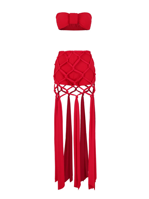 Women Two-piece Skirt Suit Halter Straps Tube Top Skirt Naked Waist Chic Beach Dance Robe