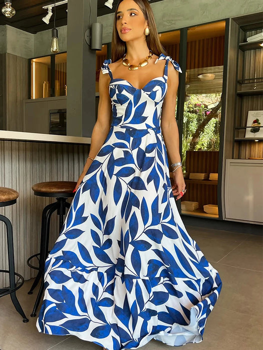 Summer Print Long Dress Women Clothing Party Dresses Pattern Strappy Ladies Hollow Out V-Neck Beach Vestidos