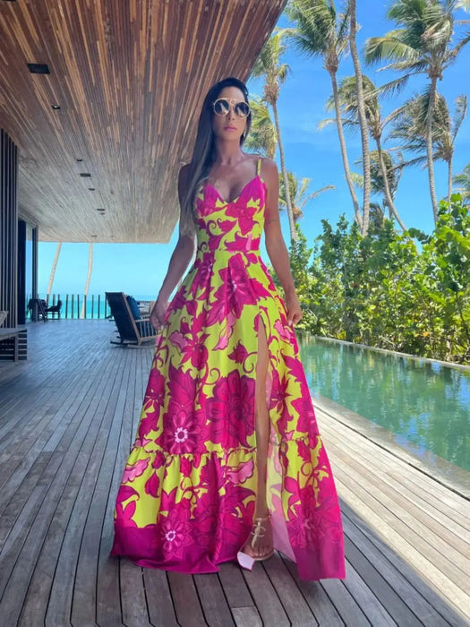 Summer Print Long Dress Women Clothing Party Dresses Pattern Strappy Ladies Hollow Out V-Neck Beach Vestidos