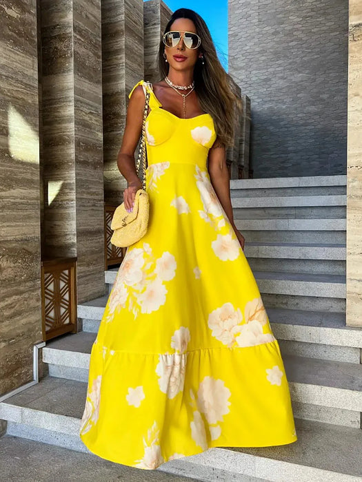 Summer Print Long Dress Women Clothing Party Dresses Pattern Strappy Ladies Hollow Out V-Neck Beach Vestidos