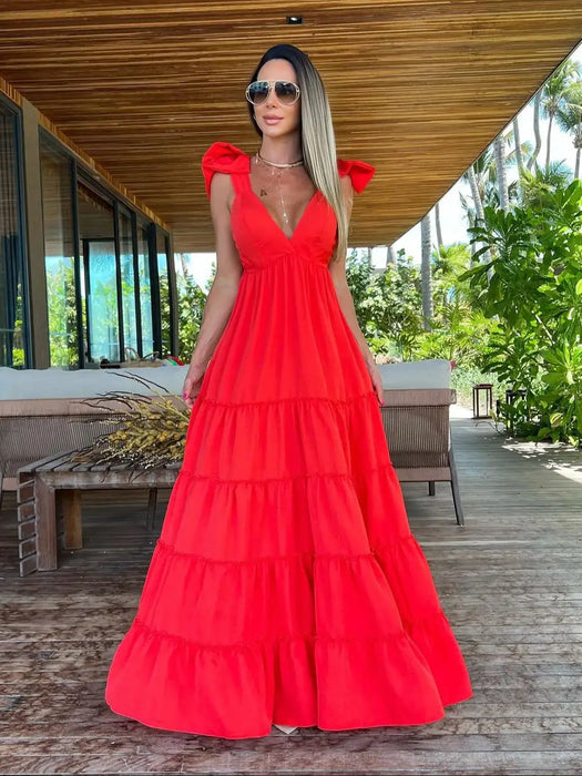 Women V Neck One Piece Dress Strappy Backless Bow Beachwear Women Party Dresses Casual Summer Long