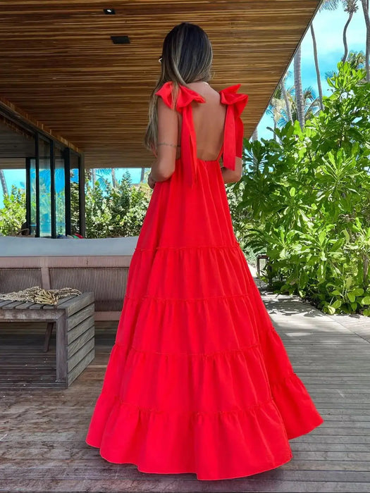Women V Neck One Piece Dress Strappy Backless Bow Beachwear Women Party Dresses Casual Summer Long