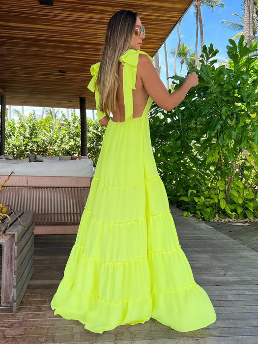 Women V Neck One Piece Dress Strappy Backless Bow Beachwear Women Party Dresses Casual Summer Long