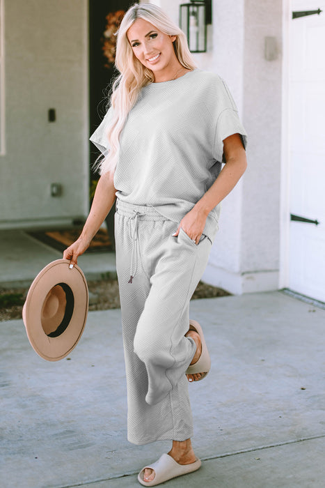 Fashion Women's Two Piece Sets Texture Short Sleeve Top and Pants Set