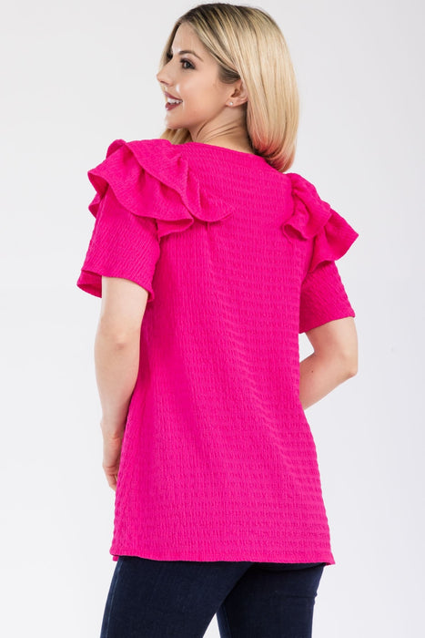Women's Trendy Fashion Tops 2024 Ruffle Layered Short Sleeve Texture Top