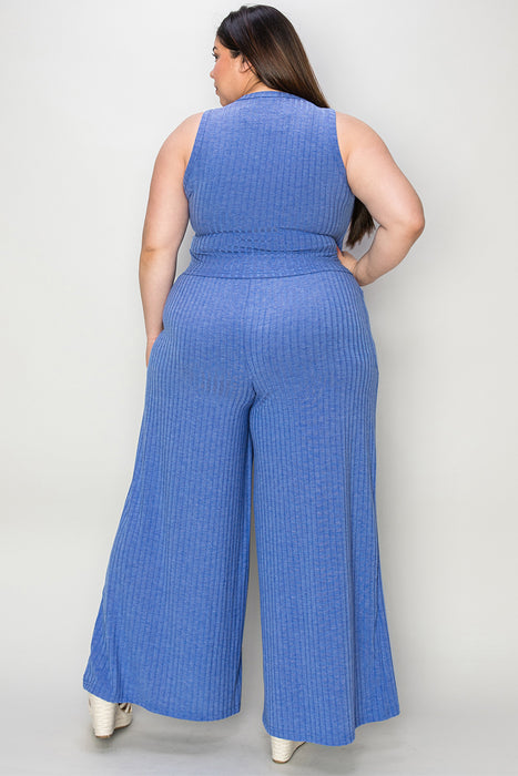 Fashion Women's Two Piece Sets Ribbed Tank and Wide Leg Pants Set