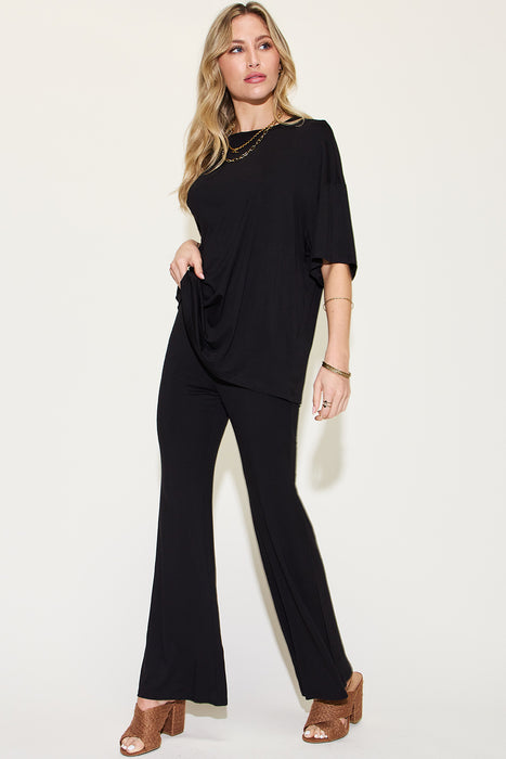 Fashion Women's Two Piece Sets Bamboo Drop Shoulder T-Shirt and Flare Pants Set