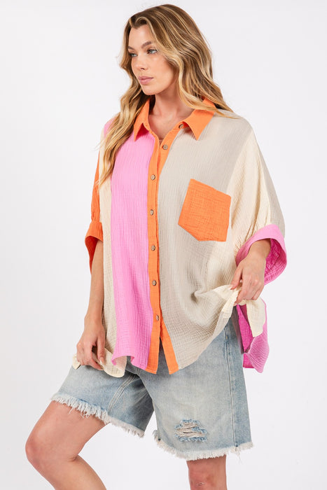 Women's Fashion Tops 2024 Color Block Button-Down Shirt