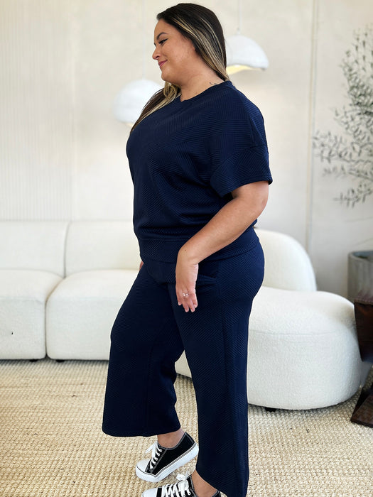 Fashion Women's Two Piece Sets Texture Short Sleeve Top and Pants Set