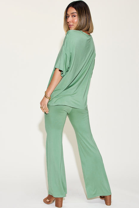 Fashion Women's Two Piece Sets Bamboo Drop Shoulder T-Shirt and Flare Pants Set