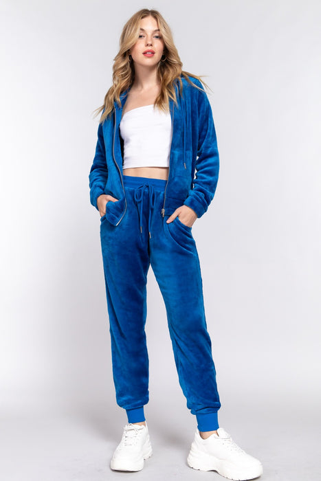 Fashion Women's Two Piece Sets Faux Fur Zip Up Long Sleeve Hoodie and Joggers Set