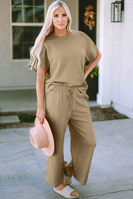 Fashion Women's Two Piece Sets Texture Short Sleeve Top and Pants Set
