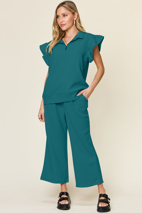 Fashion Women's Two Piece Sets Texture Ruffle Short Sleeve Top and Drawstring Wide Leg Pants Set