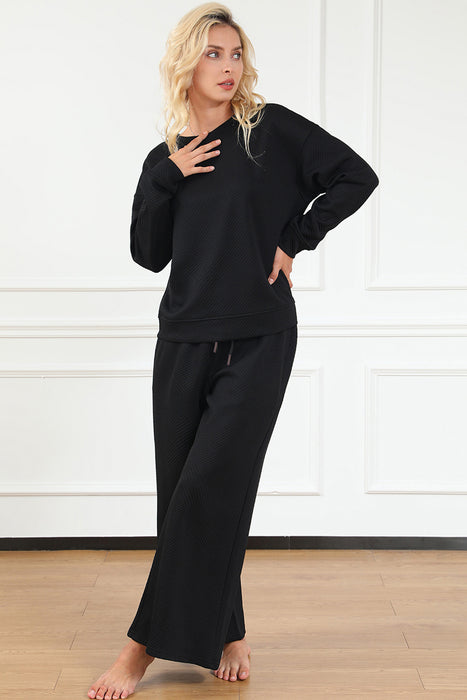 Fashion Women's Two Piece Sets Textured Long Sleeve Top and Drawstring Pants Set