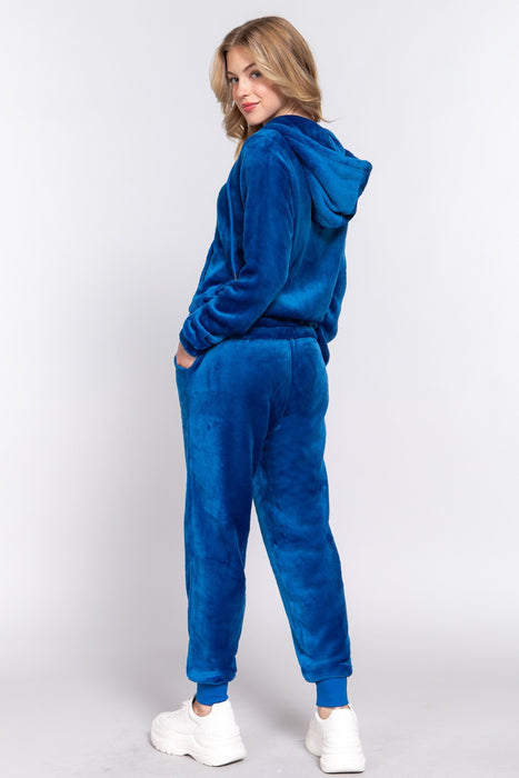 Fashion Women's Two Piece Sets Faux Fur Zip Up Long Sleeve Hoodie and Joggers Set