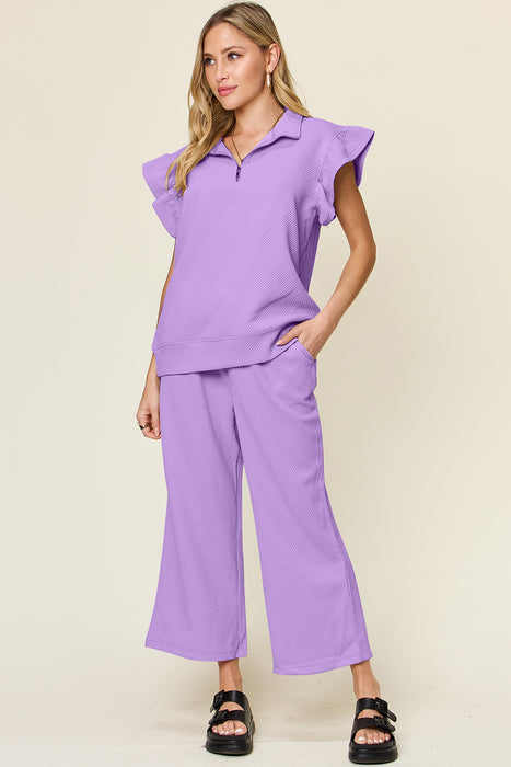 Fashion Women's Two Piece Sets Texture Ruffle Short Sleeve Top and Drawstring Wide Leg Pants Set