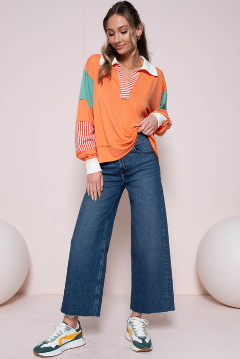 Women's Fashion Tops 2024 Color Block Top with Striped Panel