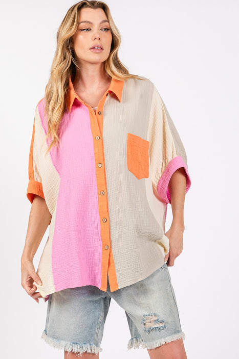 Women's Fashion Tops 2024 Color Block Button-Down Shirt