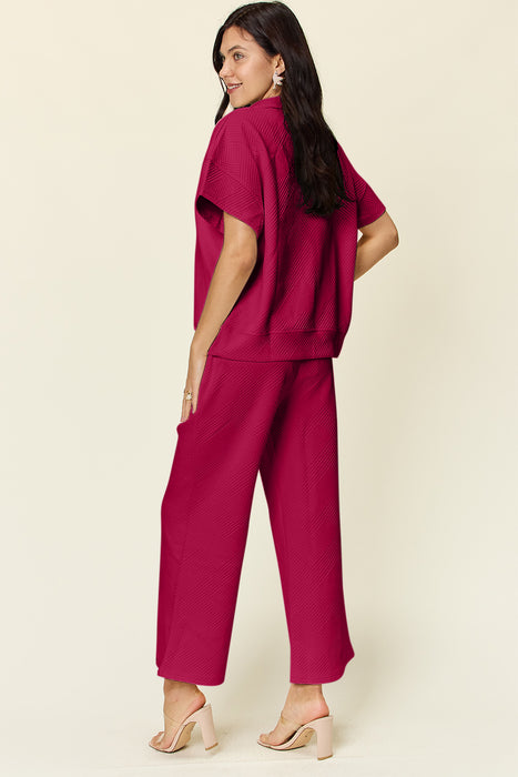 Fashion Women's Two Piece Sets Texture Half Zip Short Sleeve Top and Pants Set