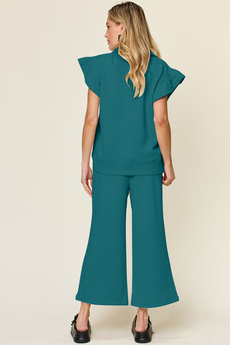 Fashion Women's Two Piece Sets Texture Ruffle Short Sleeve Top and Drawstring Wide Leg Pants Set
