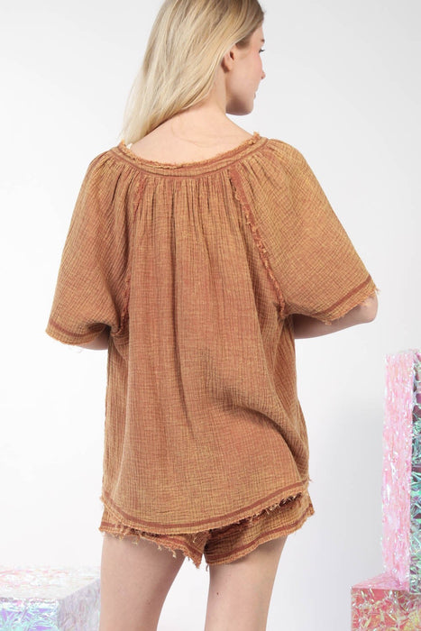 Fashion Women's Two Piece Sets Washed Cotton Crinkle Gauze Top and Shorts Set