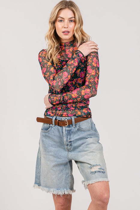Women's Fashion Tops 2024 Floral Mesh Long Sleeve Top