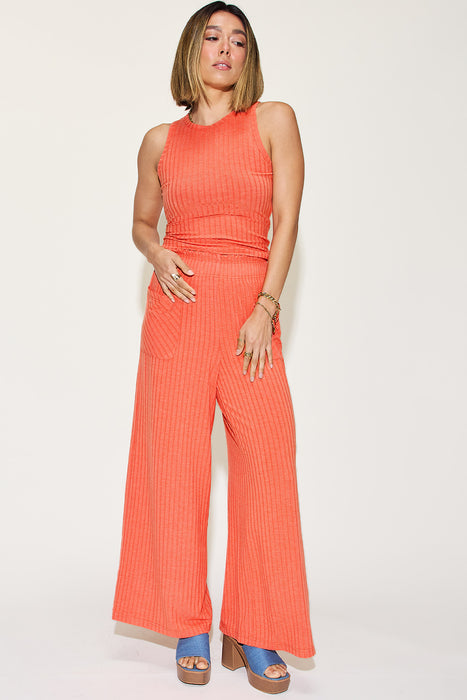 Fashion Women's Two Piece Sets Ribbed Tank and Wide Leg Pants Set