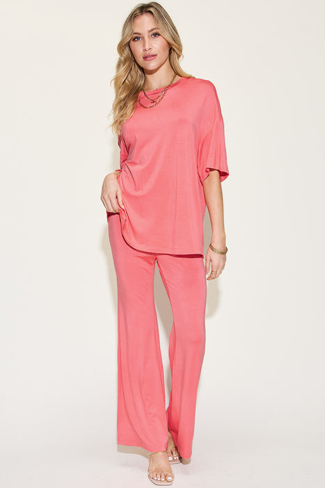Fashion Women's Two Piece Sets Bamboo Drop Shoulder T-Shirt and Flare Pants Set