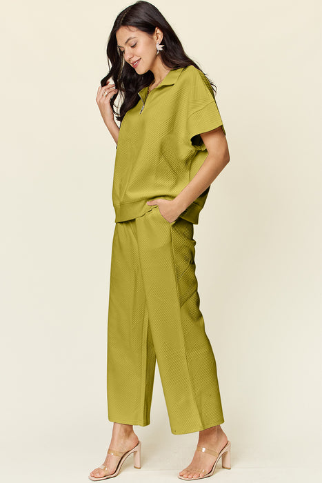 Fashion Women's Two Piece Sets Texture Half Zip Short Sleeve Top and Pants Set
