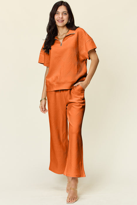Fashion Women's Two Piece Sets Texture Half Zip Short Sleeve Top and Pants Set