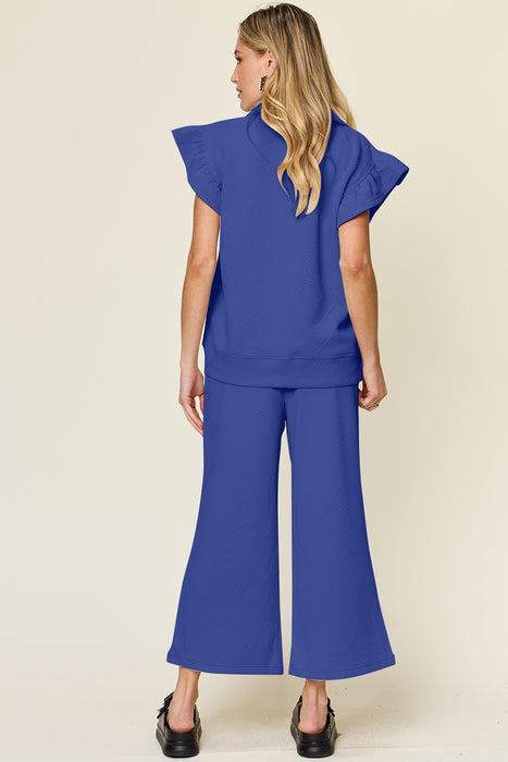 Fashion Women's Two Piece Sets Texture Ruffle Short Sleeve Top and Drawstring Wide Leg Pants Set