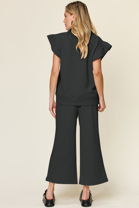 Fashion Women's Two Piece Sets Texture Ruffle Short Sleeve Top and Drawstring Wide Leg Pants Set