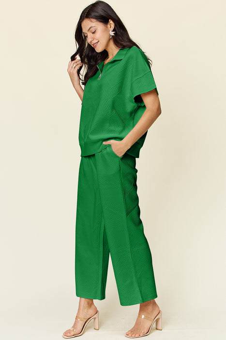 Fashion Women's Two Piece Sets Texture Half Zip Short Sleeve Top and Pants Set