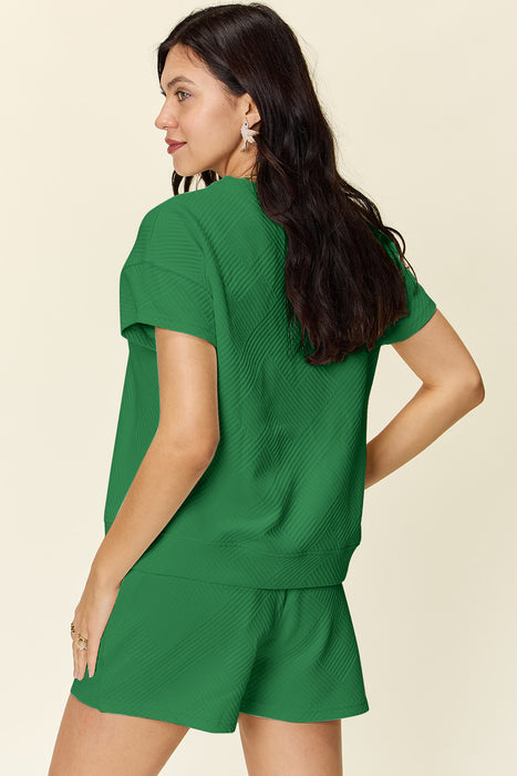 Fashion Women's Two Piece Sets Texture Short Sleeve T-Shirt and Drawstring Shorts Set