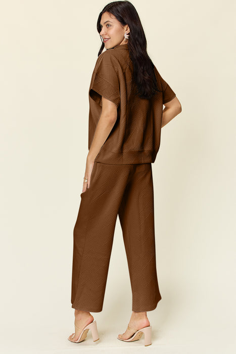 Fashion Women's Two Piece Sets Texture Half Zip Short Sleeve Top and Pants Set